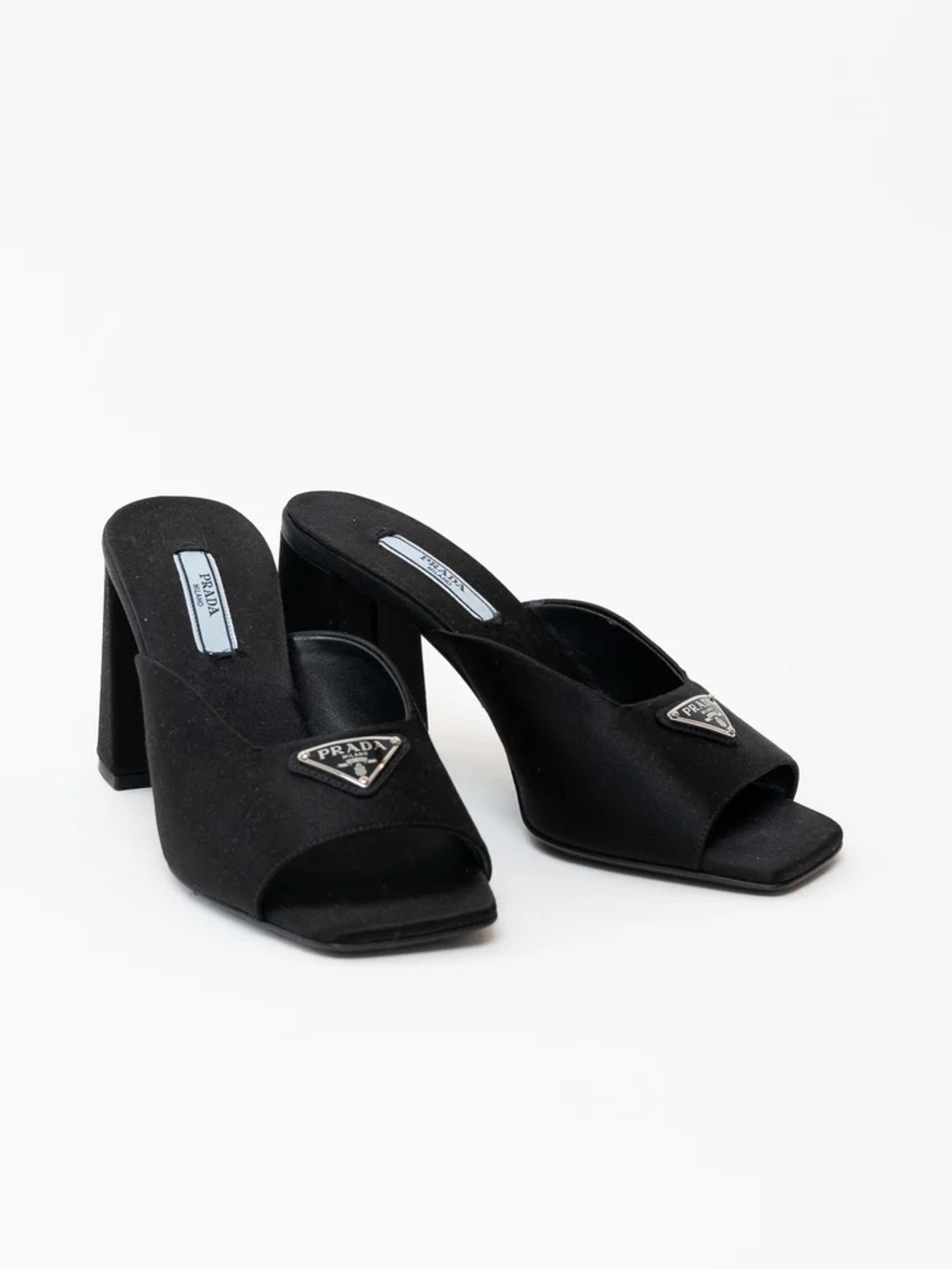Prada Black Satin Triangular Logo Mule Heels